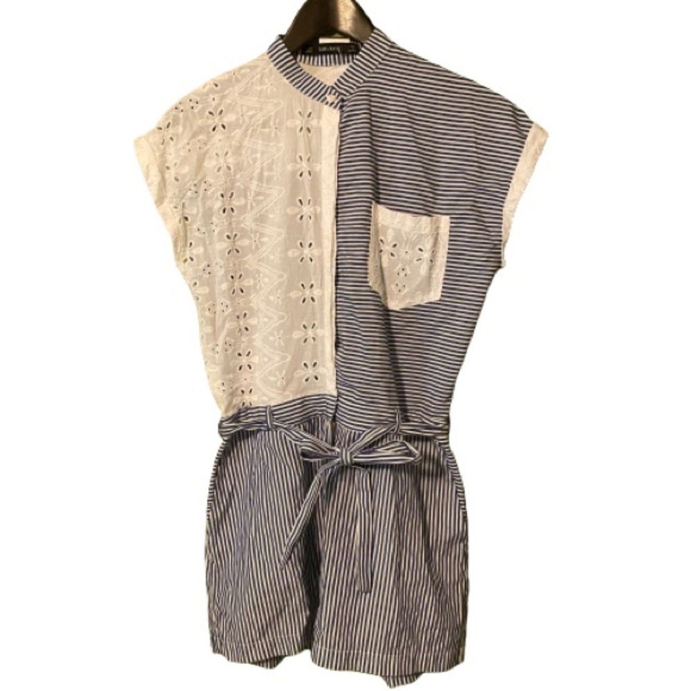 Zara blue striped romper with belt and eyelet trim